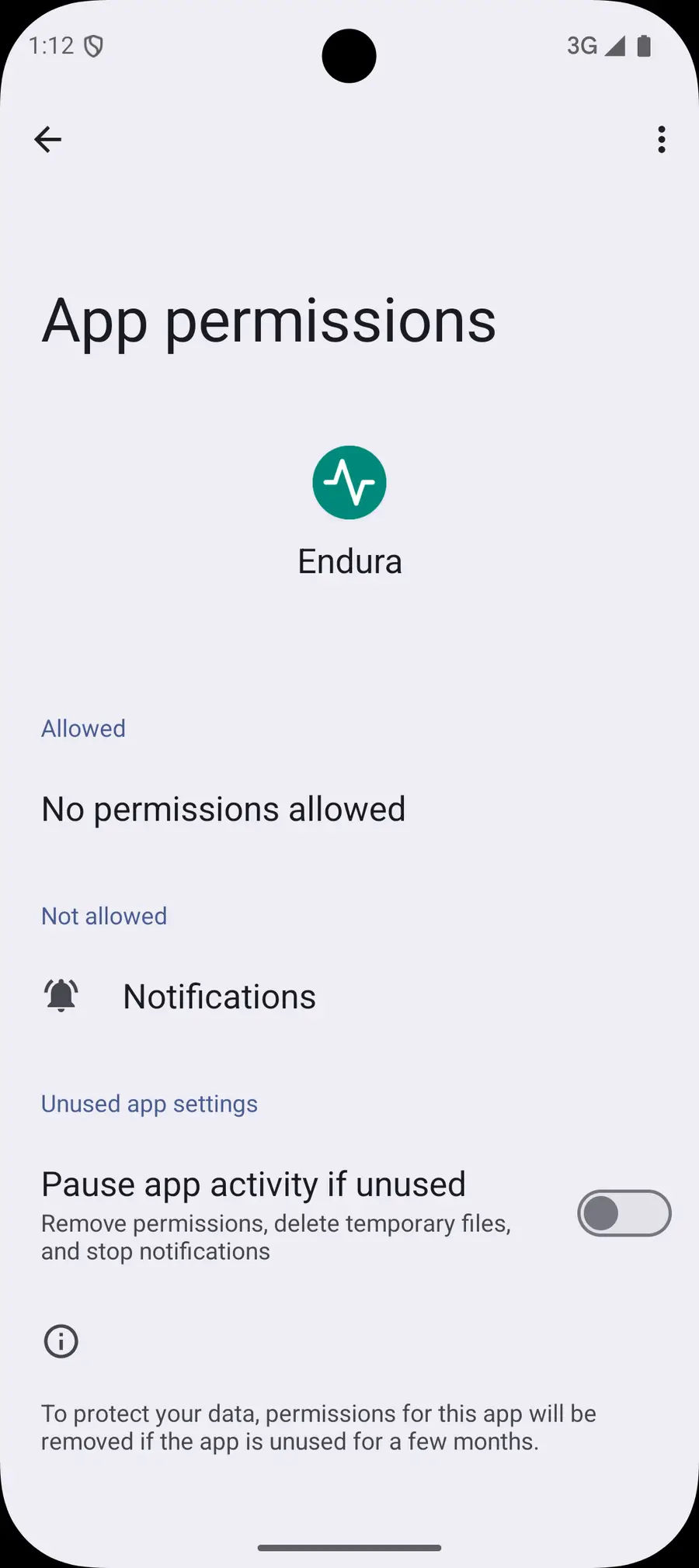 Stamino's Android app info screen showing no permissions requested
