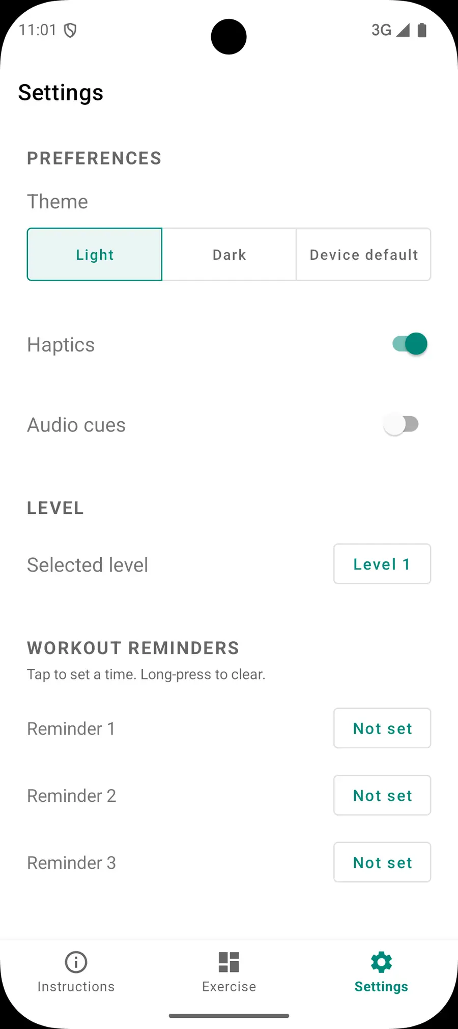 Stamino's settings screen, with daily reminder times listed and a toggle for each